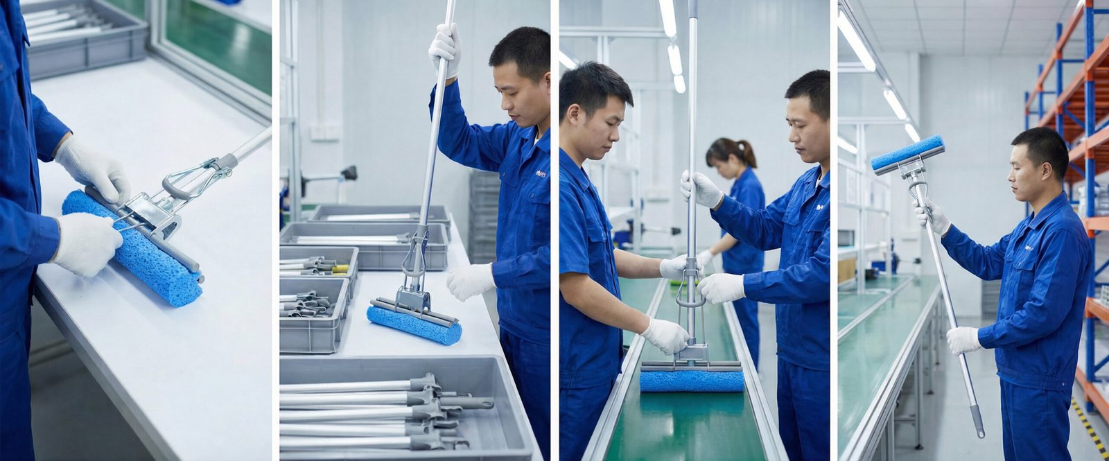 Assembly scene in the sponge mop factory workshop