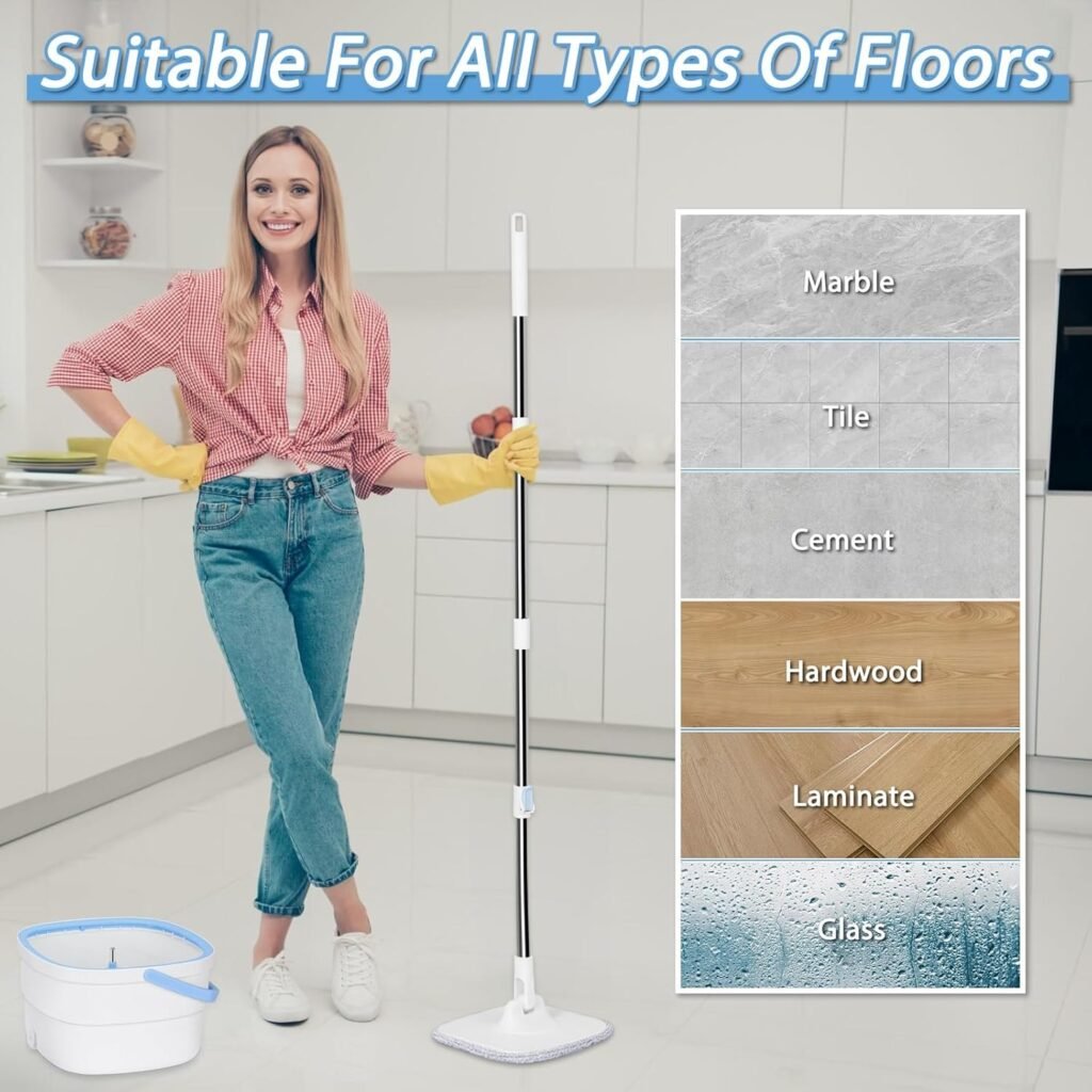 Woman holding the square spin mop beside marble, tile, cement, wood, laminate and glass