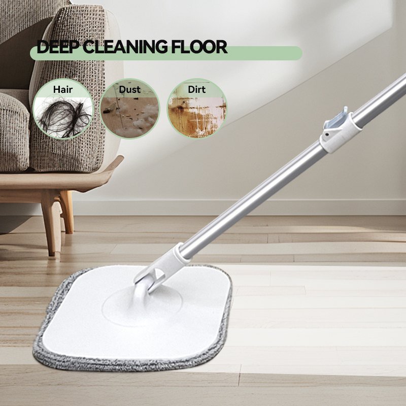 Square spin mop head picking up hair, dust and dirt on a wooden floor