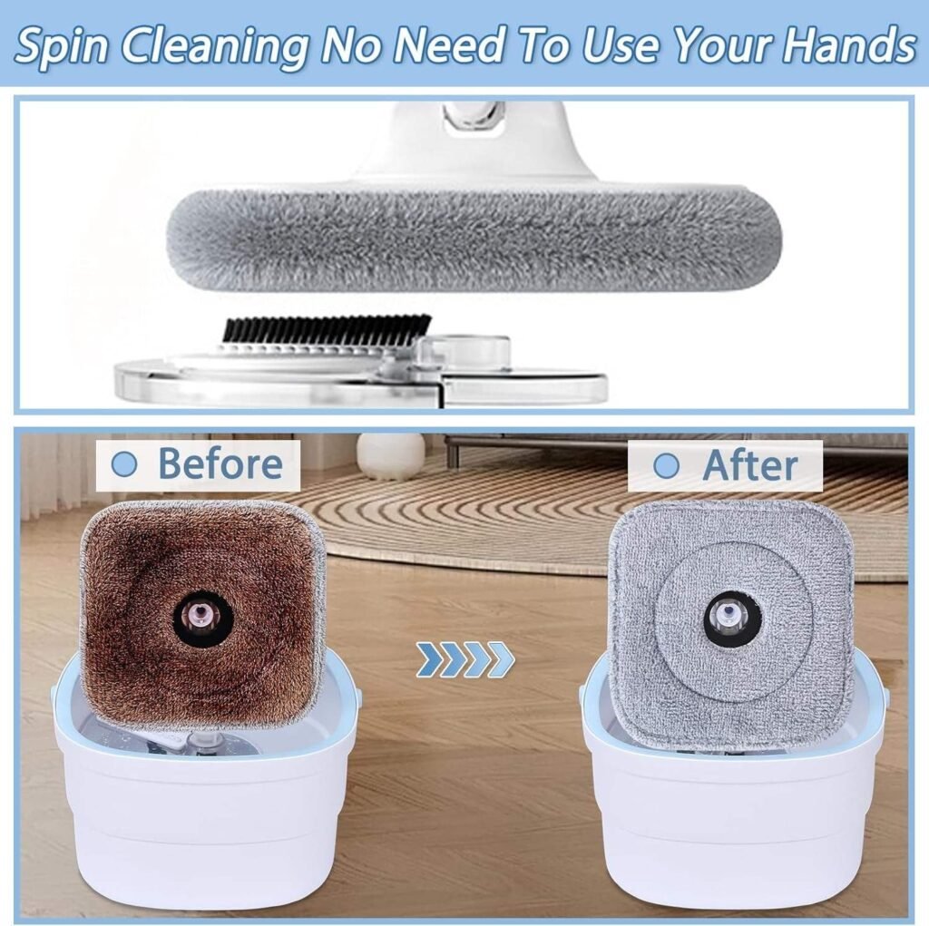 Square spin mop pad cleaned by the bucket scraper brush, shown before and after
