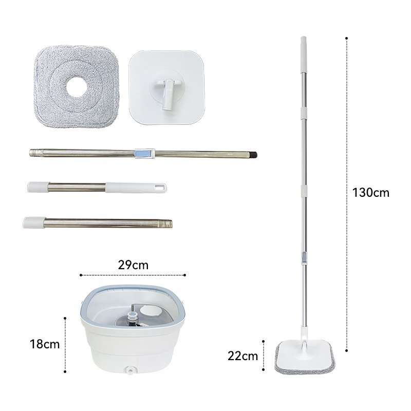 Square spin mop parts and size chart: 22 cm head, 29 cm bucket, 130 cm overall
