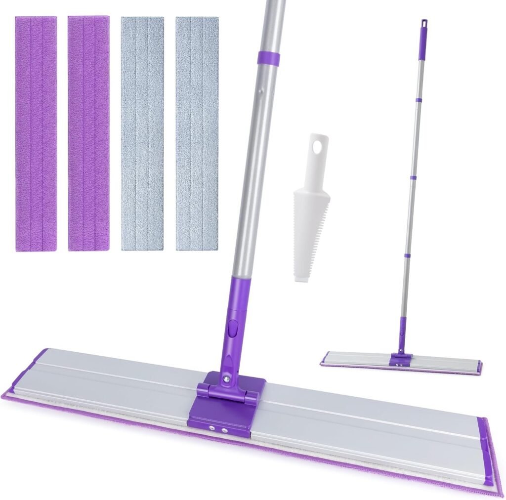 24-inch aluminium flat mop on white with its long plate, two purple and two grey pads and a scraper