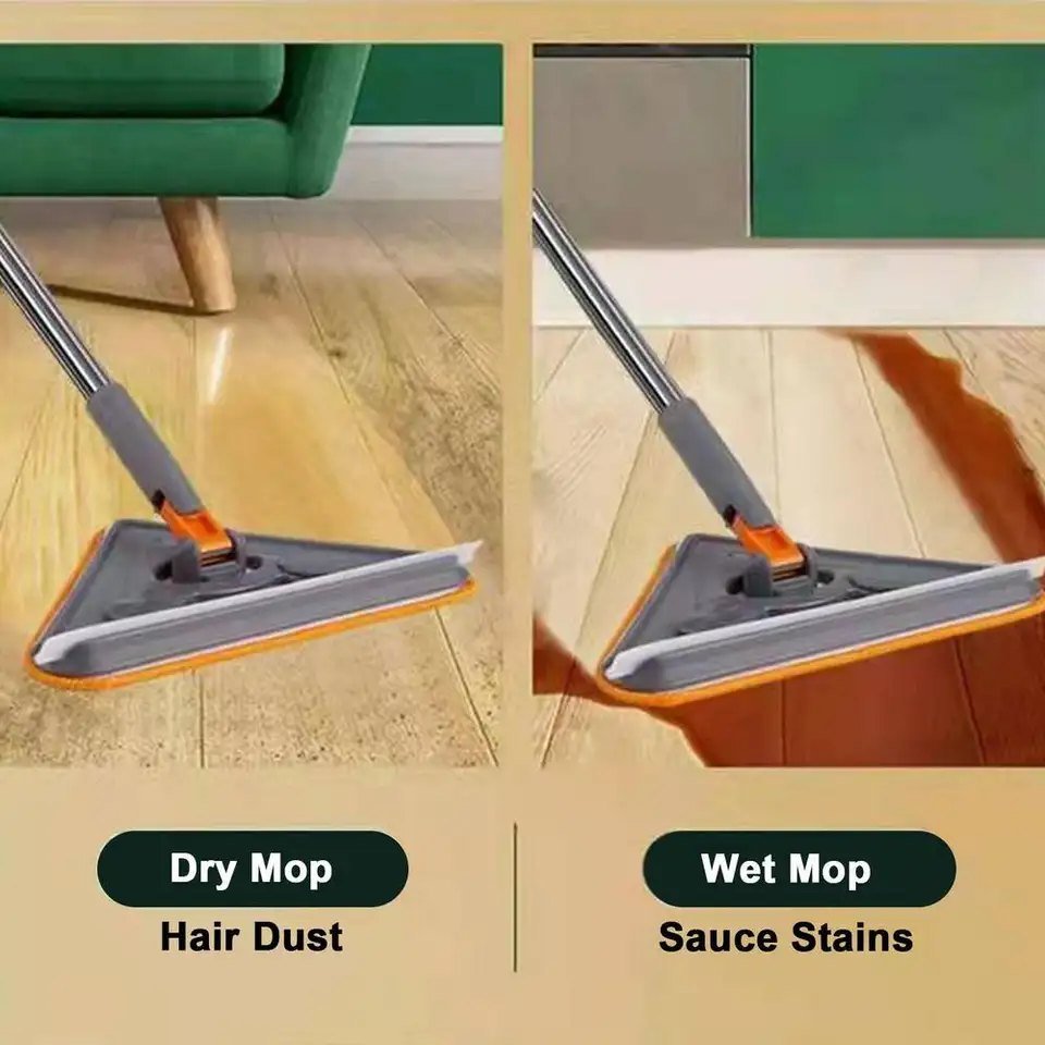 Triangle mop used dry on hair and dust, then wet on a sauce spill