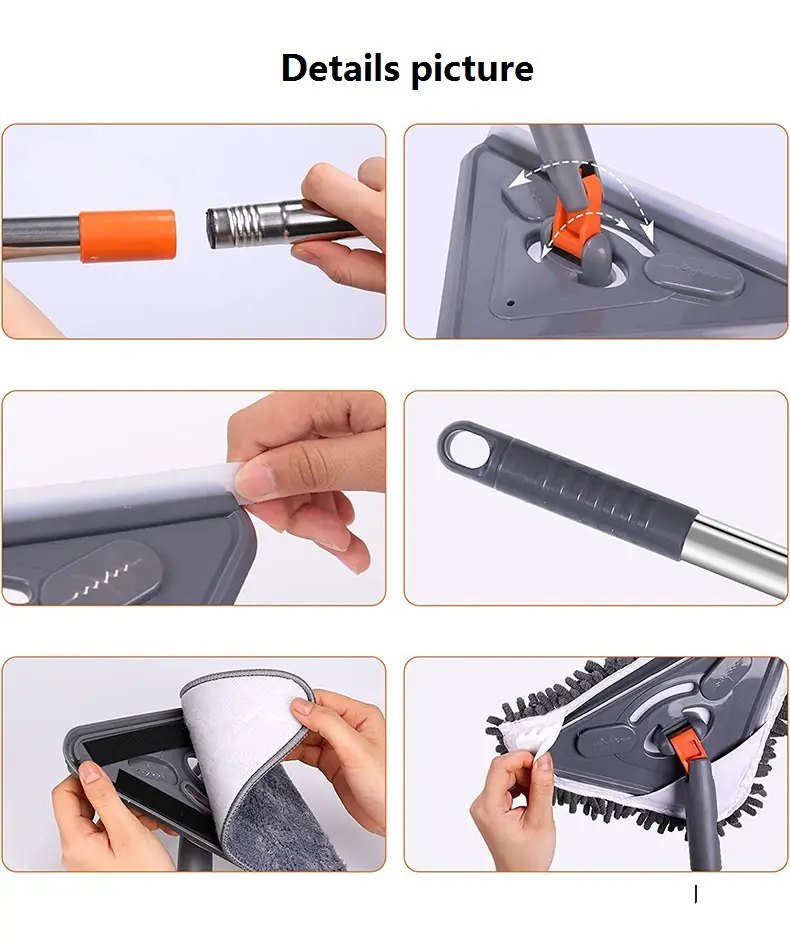Close-ups of the triangle mop: screw-in pole joint, swivel head, squeegee strip, grip and hook-and-loop pad