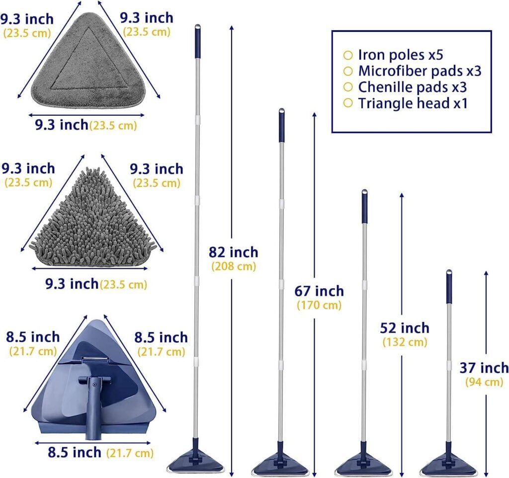 Size chart of the triangle mop: 21.7 cm head, 23.5 cm pads and set contents