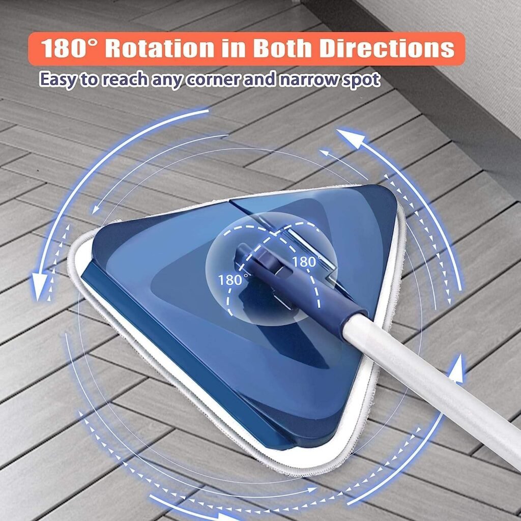 Navy triangle mop head turning 180° in both directions on a wooden floor