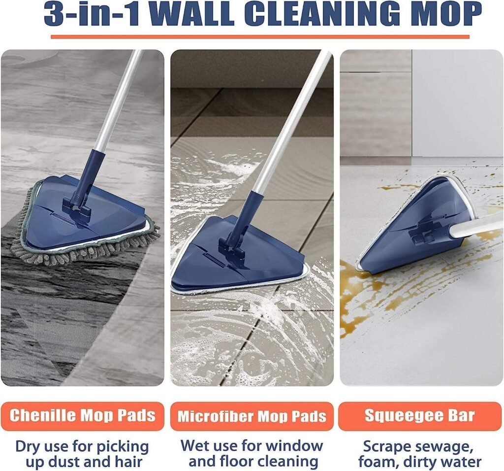 Triangle mop with chenille pad, microfiber pad and squeegee bar in use on floors