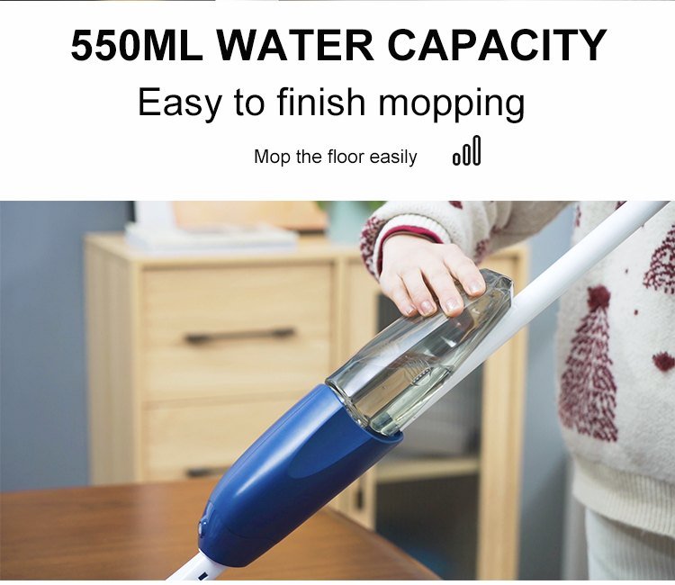 Hand on the clear 550 ml bottle fitted to the navy spray mop
