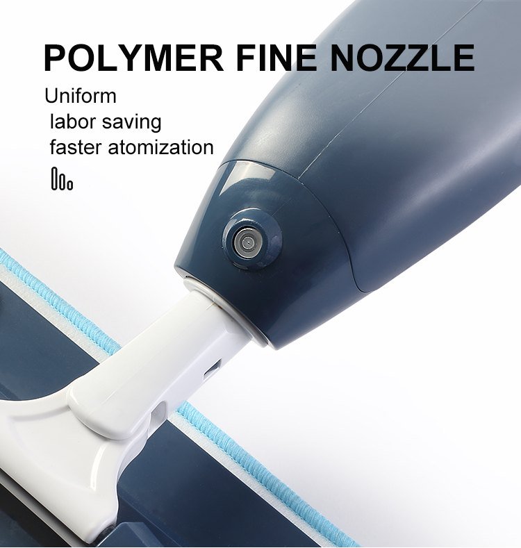 Close-up of the fine spray nozzle above the head joint of the navy spray mop