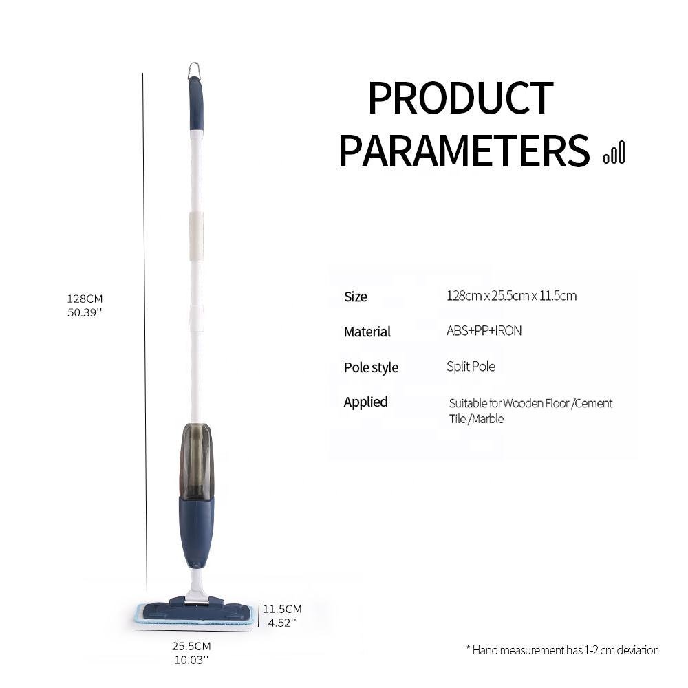 Size chart of the navy spray mop: 128 cm tall, 25.5 by 11.5 cm head