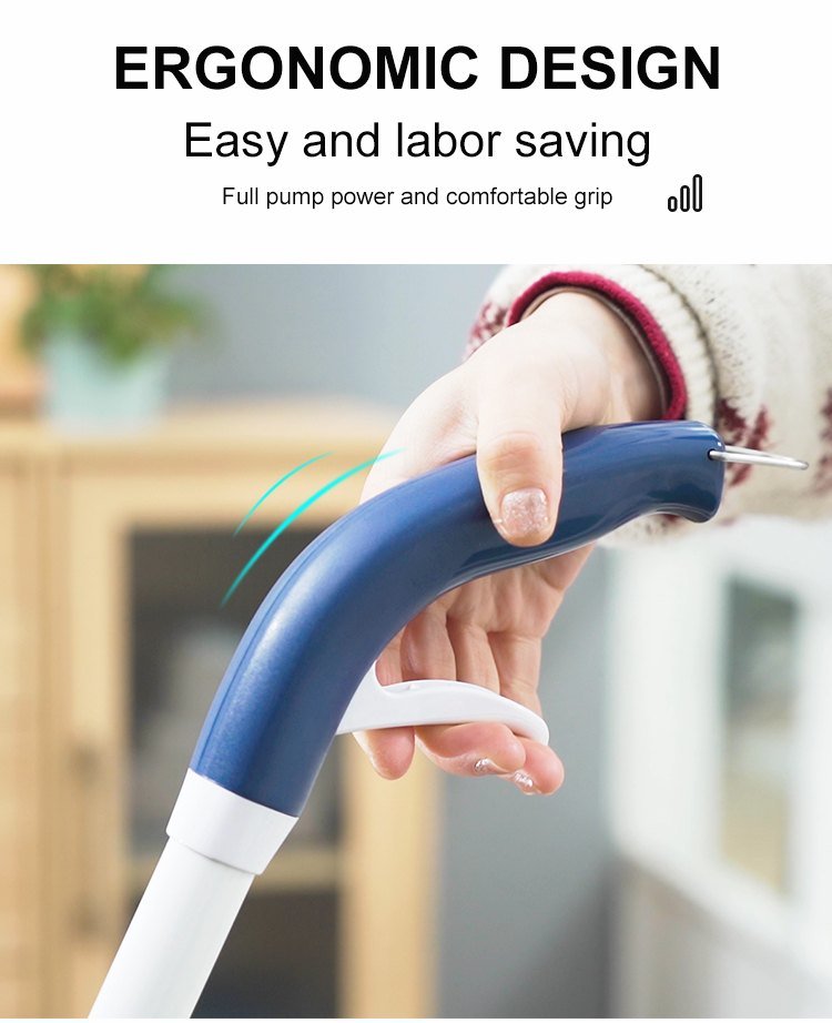 Hand squeezing the trigger in the curved navy handle of the spray mop