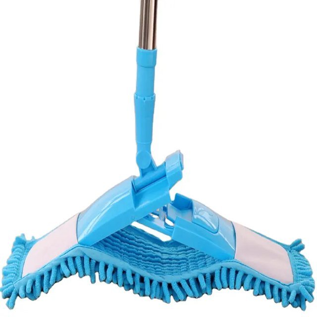 Folding flat mop frame hinged in the middle with a blue chenille pad fitted
