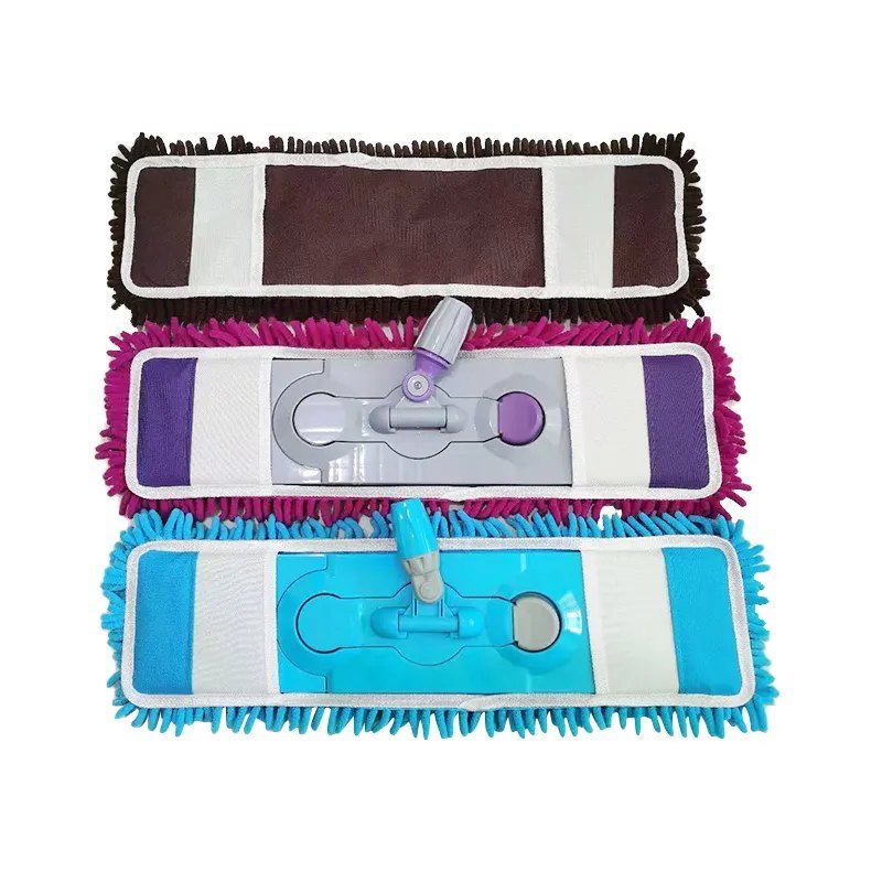 Backs of three chenille mop pads showing the end pockets, two with frames fitted