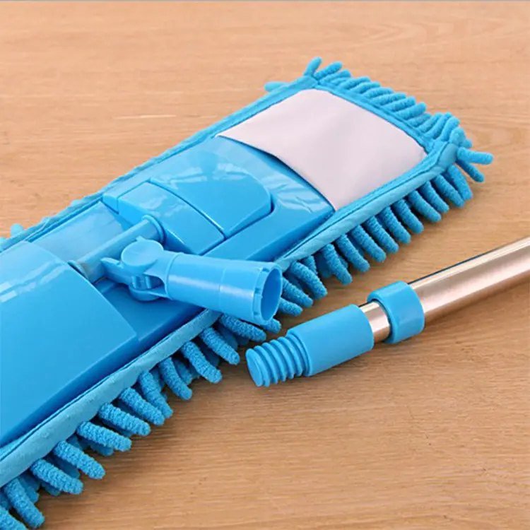 Close-up of a blue chenille pad with the folding frame end tucked into its pocket