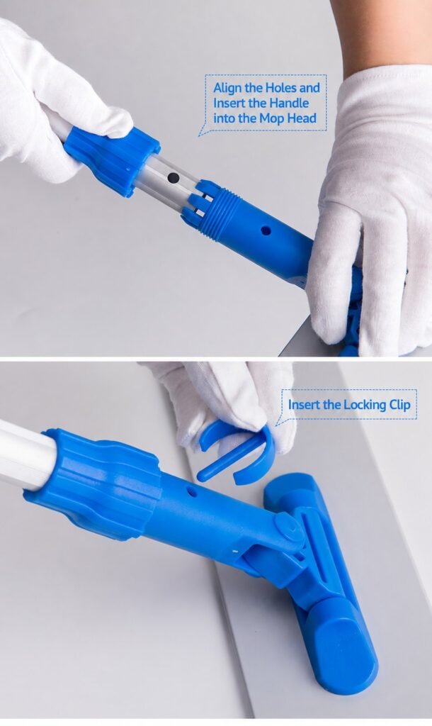 Fitting the aluminium pole into the flat mop head socket and inserting the locking clip
