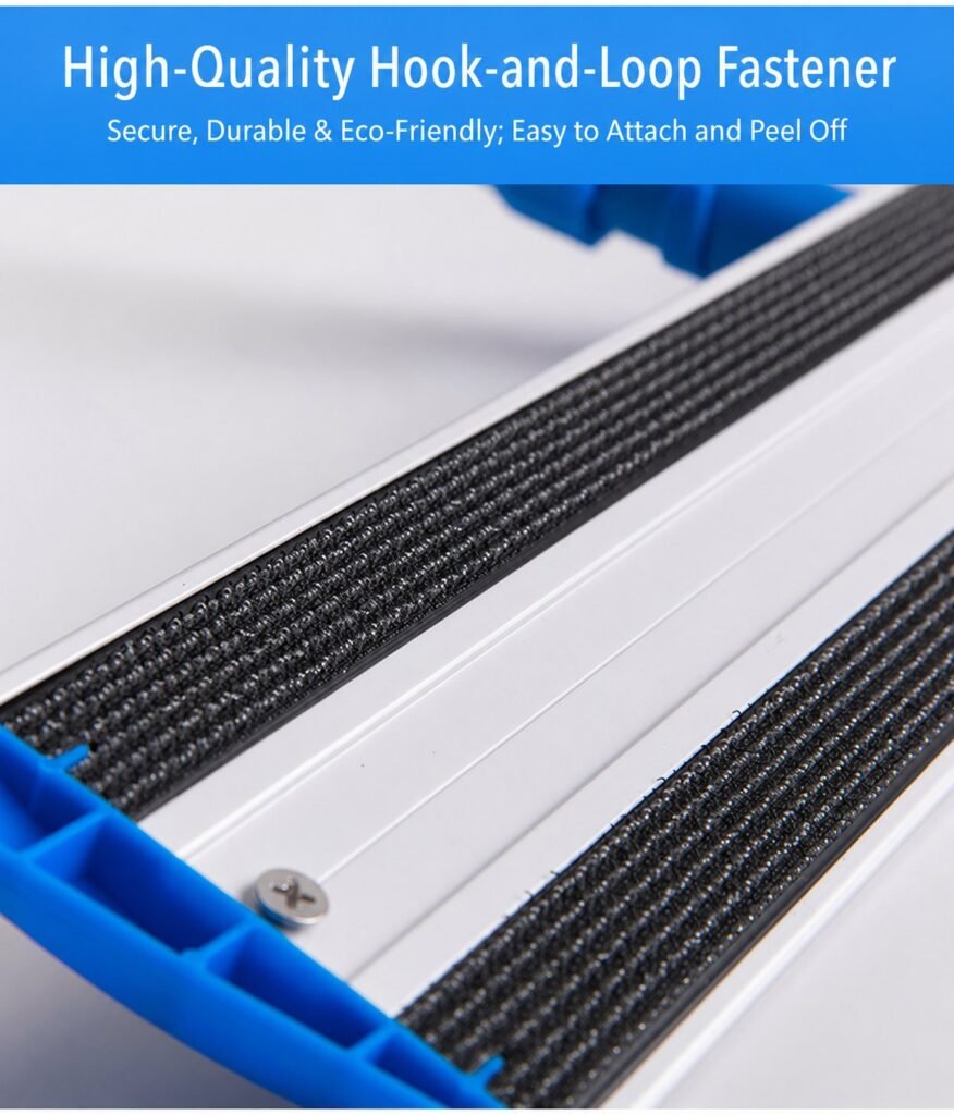 Close-up of the hook-and-loop strips along the metal frame of the aluminium flat mop