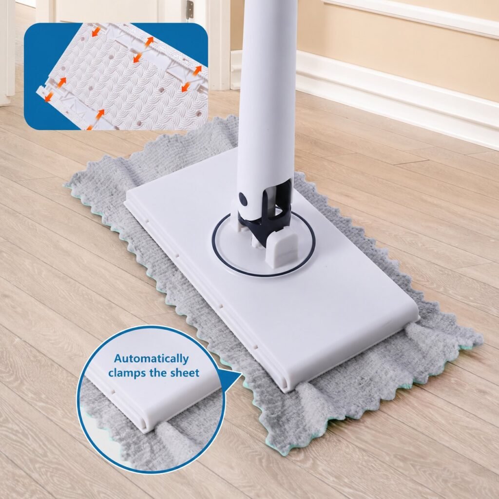 Mini flat mop clamping a grey cloth, with an inset of the textured base and clamp rails
