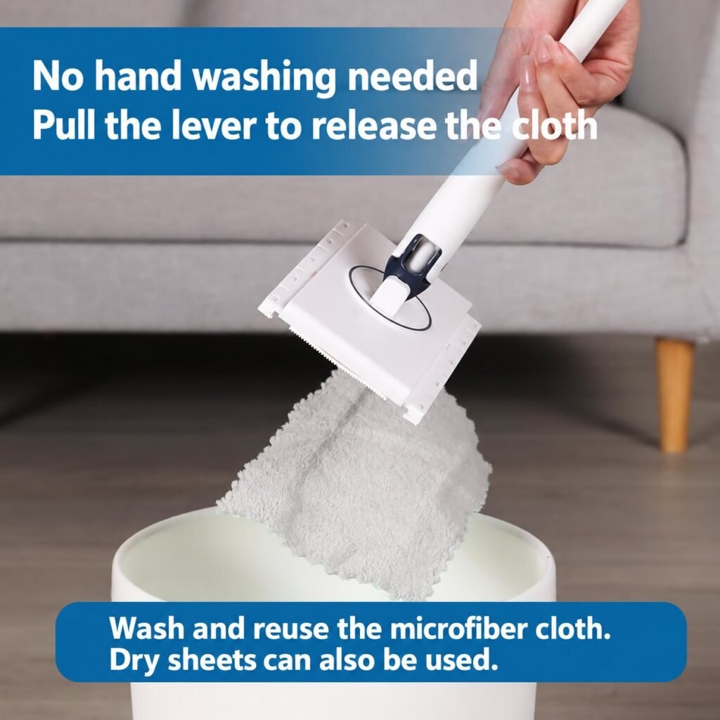 Mini flat mop dropping a grey microfiber cloth into a bucket after the lever is pulled