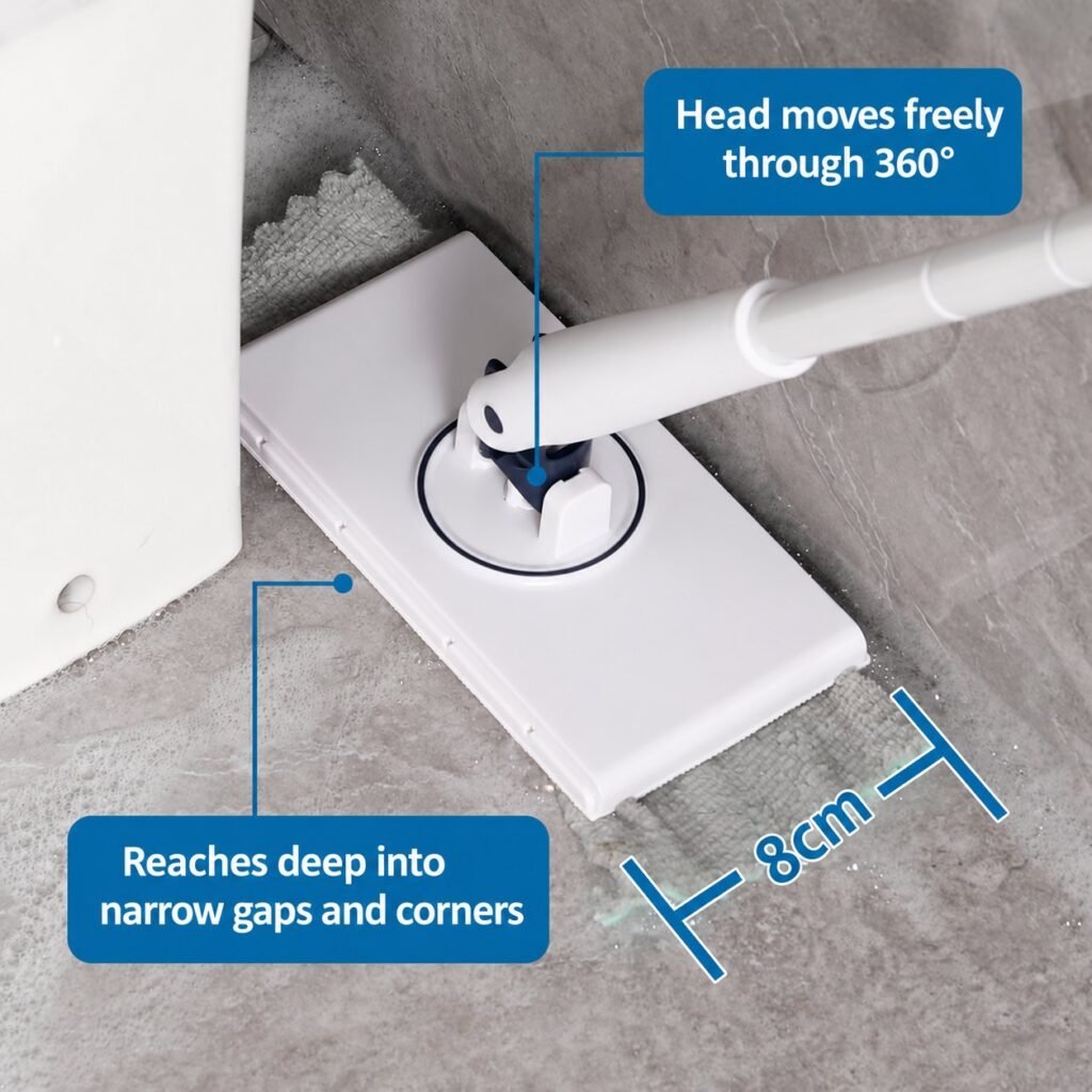 8 cm wide head of the mini flat mop cleaning the gap beside a toilet