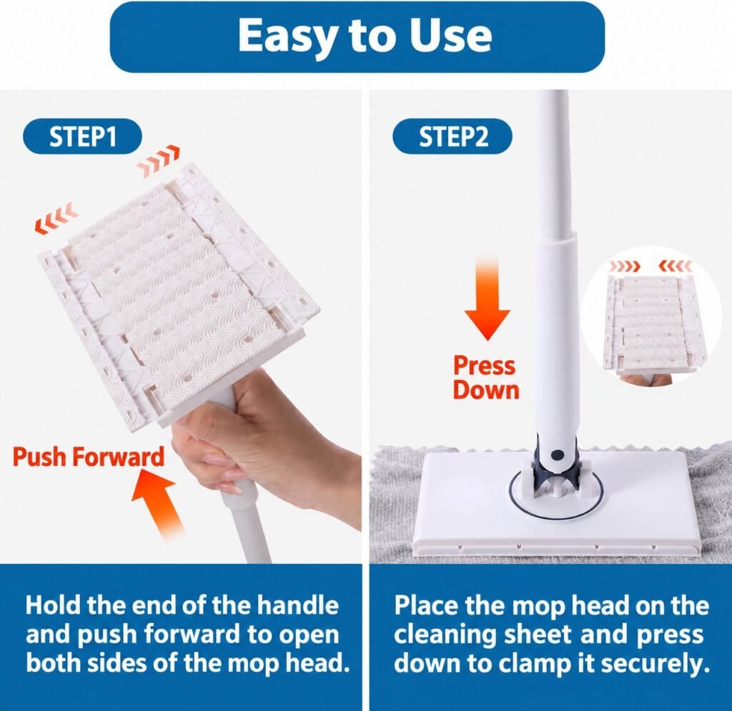 Two steps to load the mini flat mop: push the handle to open, press down to clamp