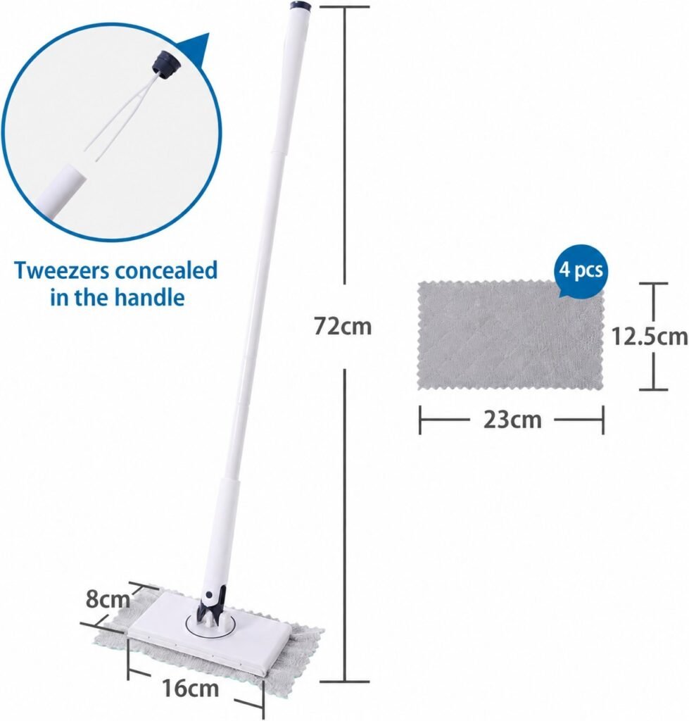 Size chart of the mini flat mop: 72 cm pole, 16 × 8 cm head, 23 × 12.5 cm cloths