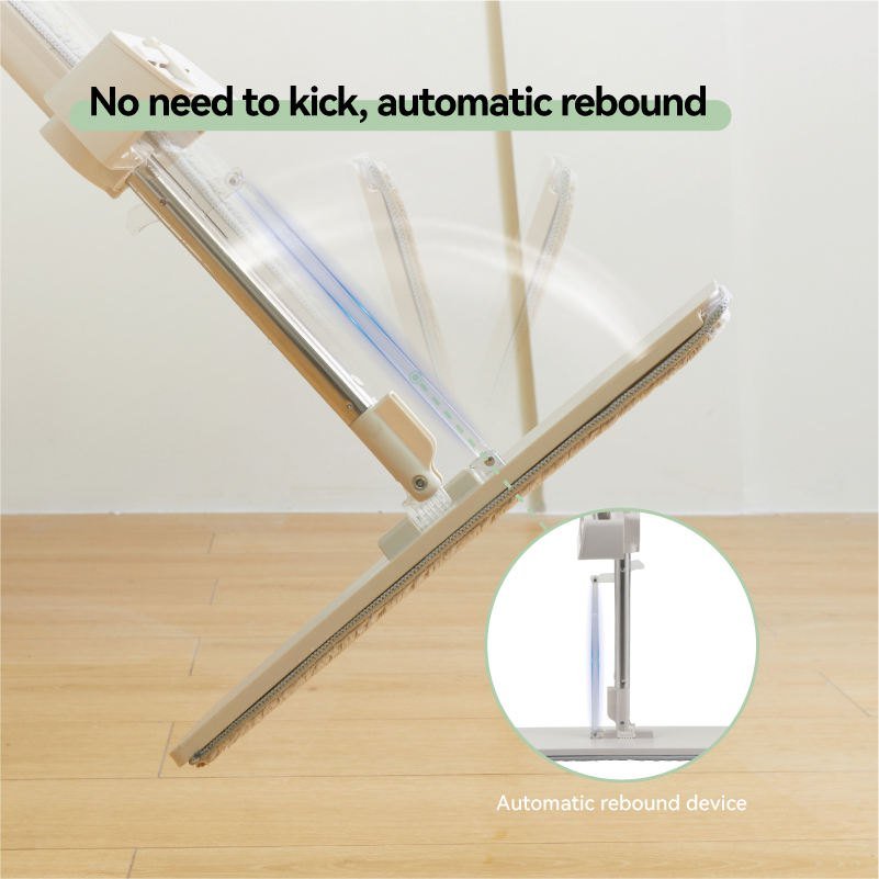 Flat mop head swinging back flat on its own after wringing, with the rebound device shown