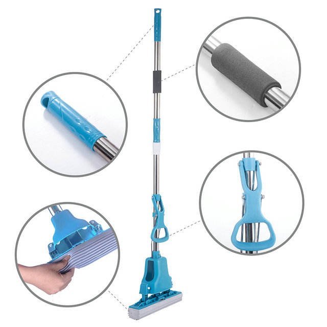 Blue PVA sponge mop with close-ups of the hanging cap, foam grip, pull ring and sponge change