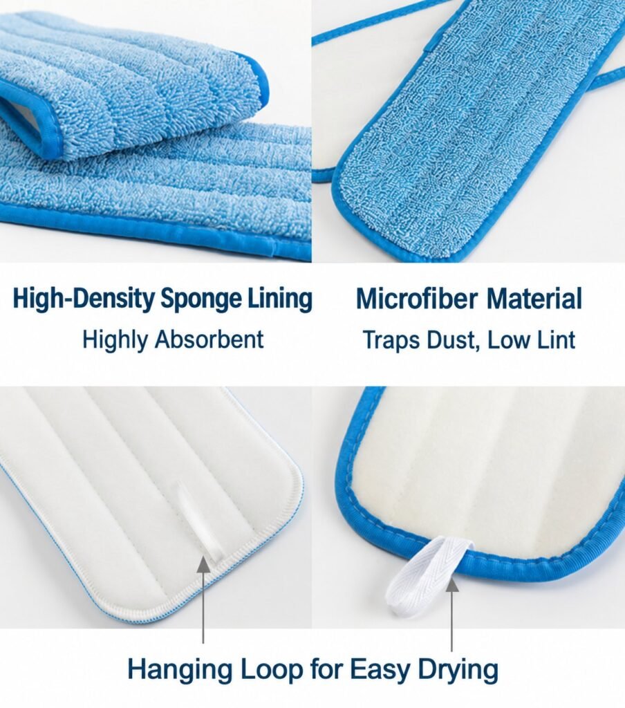 Blue microfiber mop pad details: sponge lining, microfiber face and hanging loop