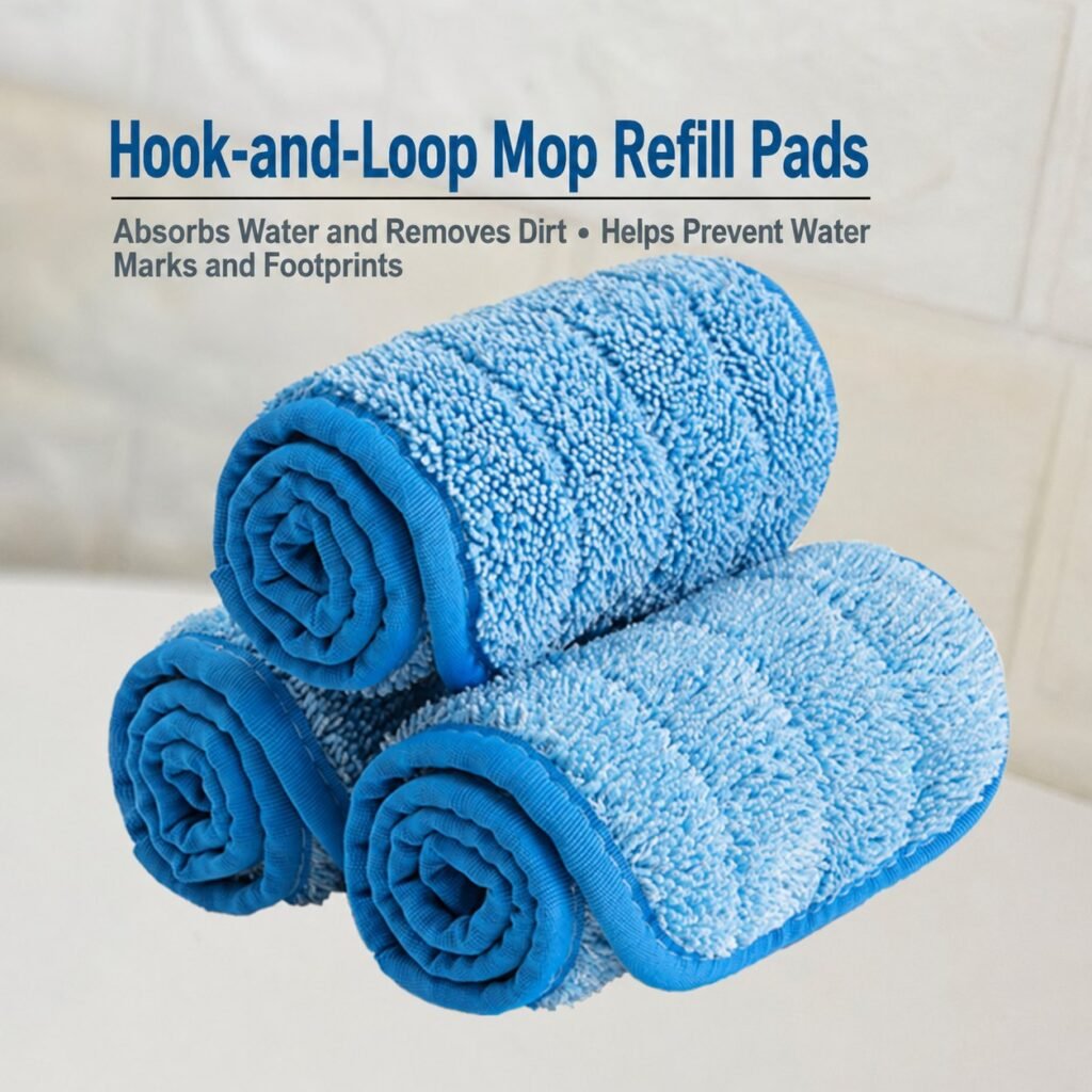 Three rolled blue microfiber hook-and-loop mop pads stacked together