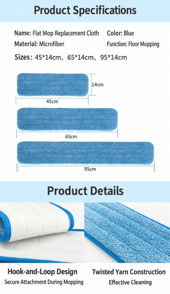 Size chart of the blue microfiber mop pad: 45, 65 and 95 cm long, 14 cm wide