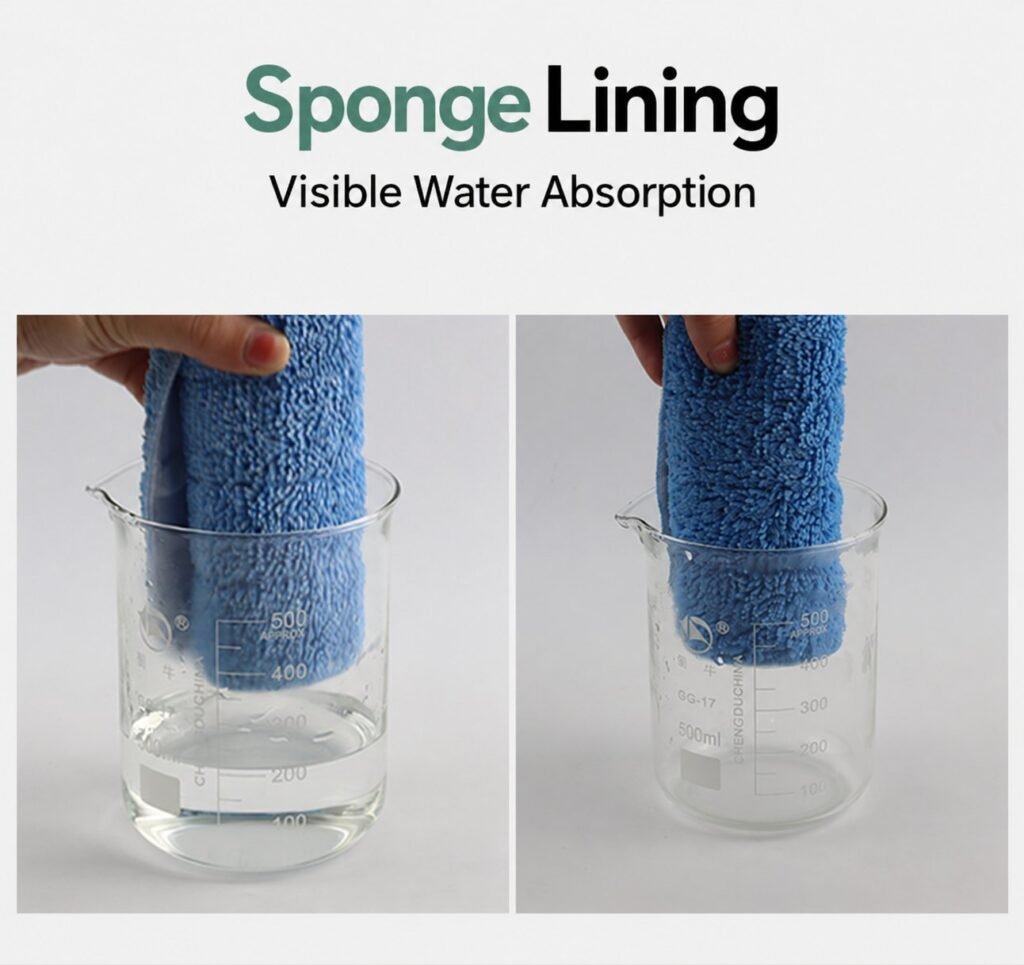 Blue microfiber mop pad dipped in a beaker to show the sponge lining absorbing water