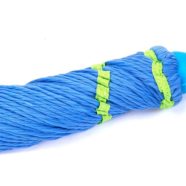 Blue microfiber twist mop head wound into a tight rope for wringing