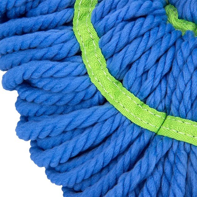 Close-up of the thick blue microfiber yarn loops and green stitched band