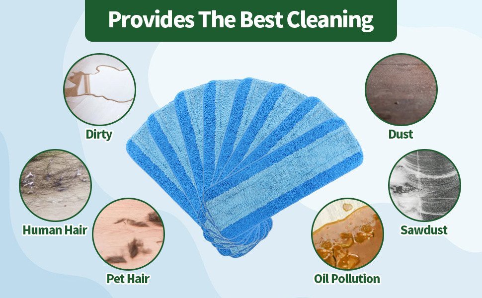 Microfiber mop pads with insets of dust, sawdust, hair and greasy spills