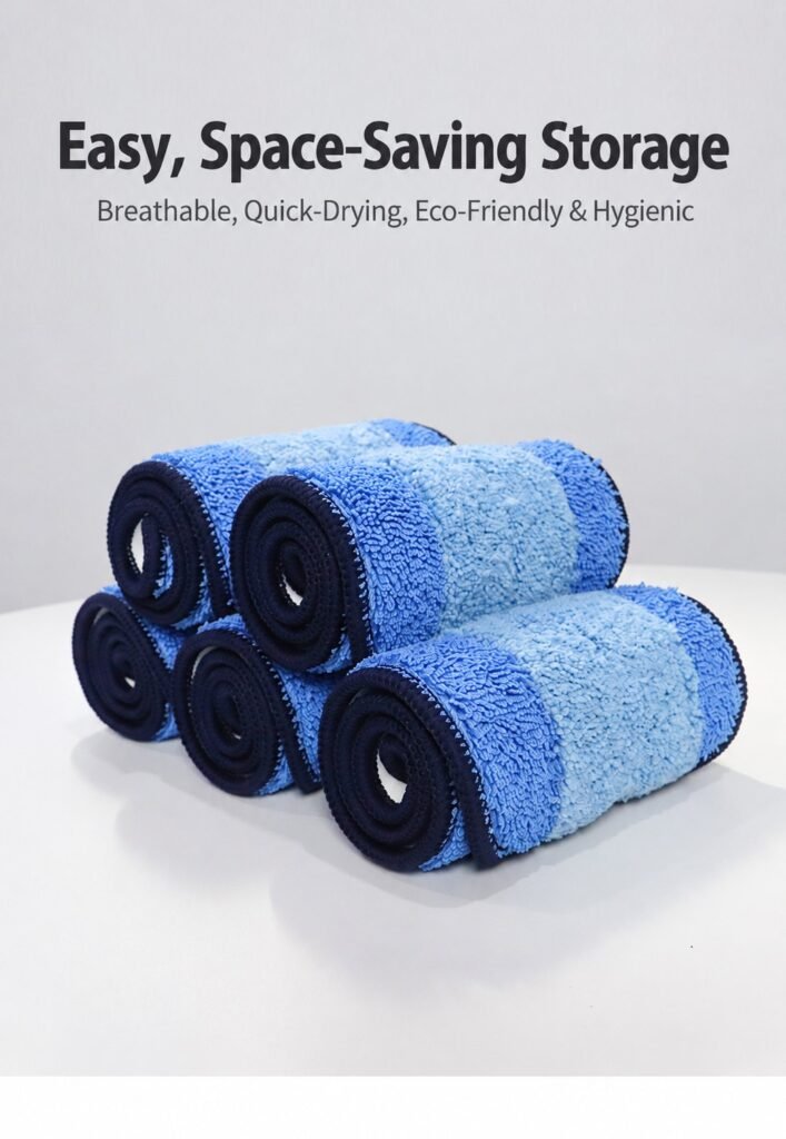 Five blue-striped microfiber mop pads rolled up for storage