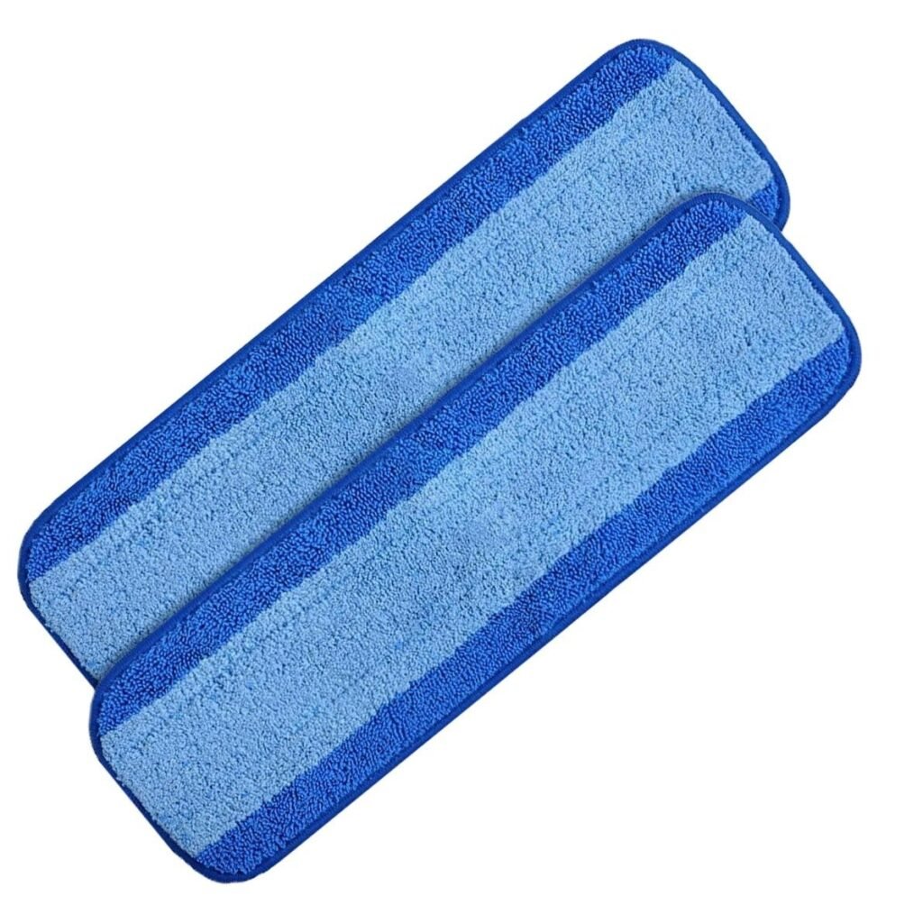 Two blue-striped microfiber flat mop pads lying side by side