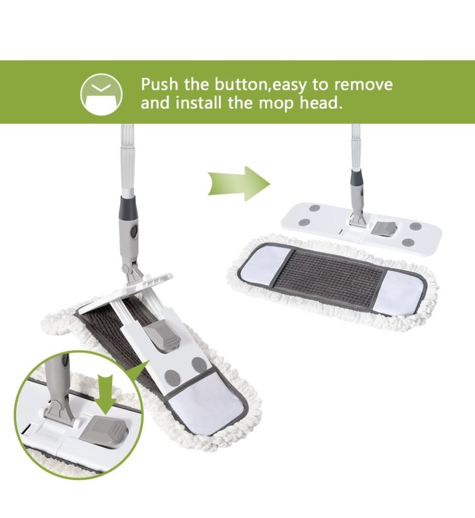 Pressing the button to fold the flat mop head and fit the chenille pad