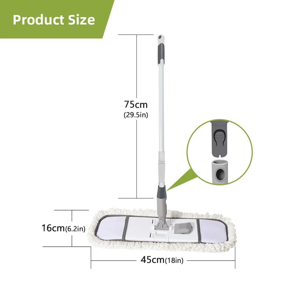 Size chart of the chenille flat mop: 45 by 16 cm head and 75 cm pole