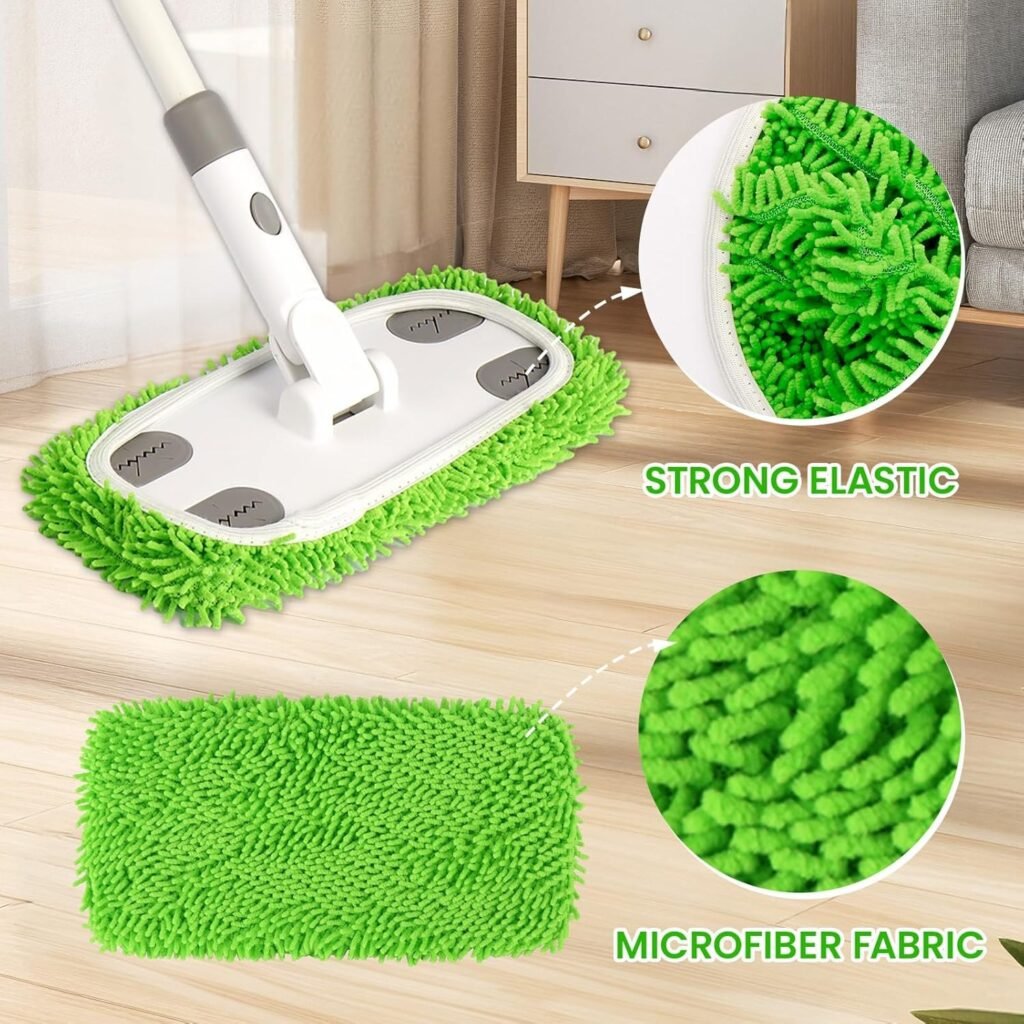 Green chenille microfiber pad with elastic edge fitted over the white mop base