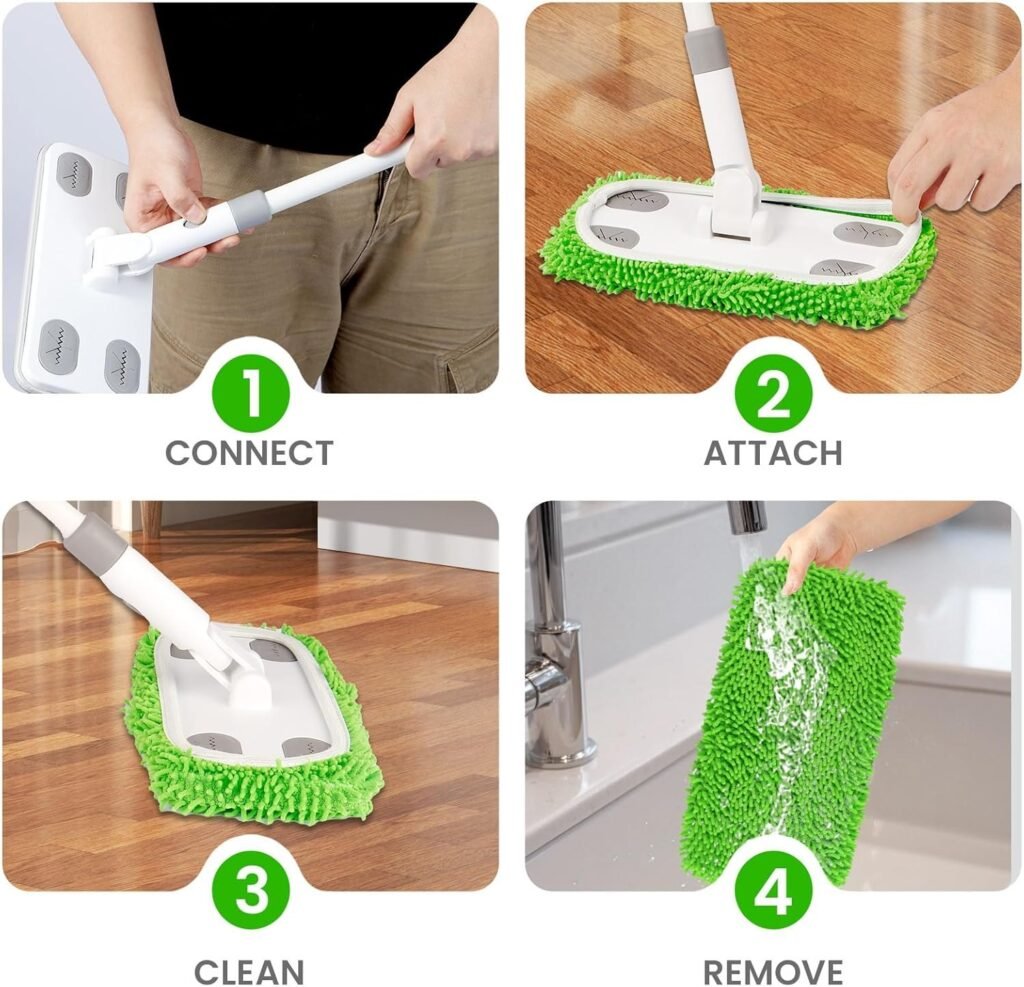 Four steps: connect the pole, attach the chenille pad, clean the floor, rinse the pad