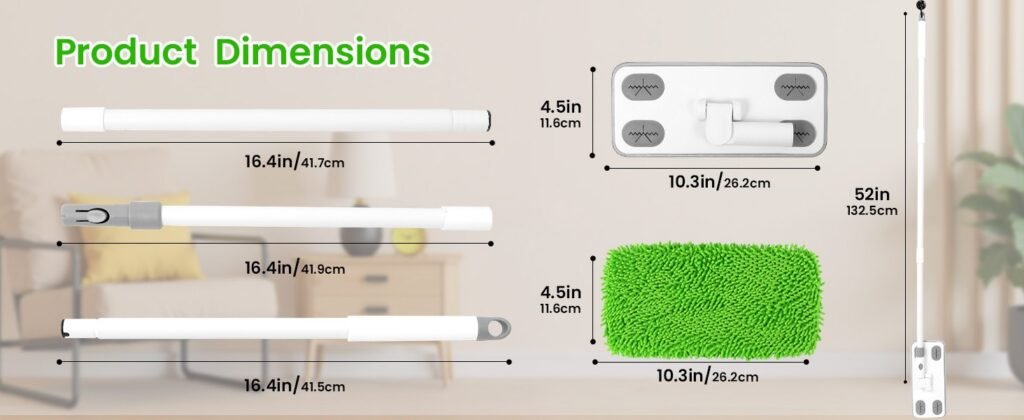 Size chart of the flat mop kit: 26.2 × 11.6 cm base and pad, 132.5 cm pole