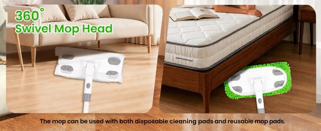 Swivel mop head used with a disposable sheet and with a chenille pad under a bed