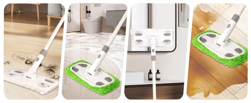 Flat mop on a hairy wooden floor, a wet bathroom floor, a mirror and a spill