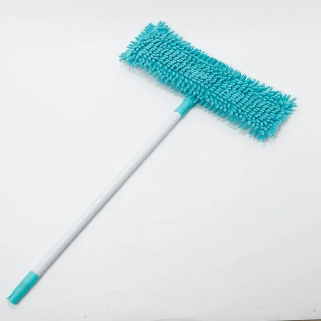 Teal chenille pocket flat mop laid flat with its pad facing up