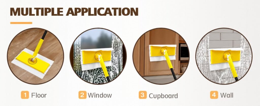Sweeper mop used on a floor, a window, a kitchen cupboard and a tiled wall