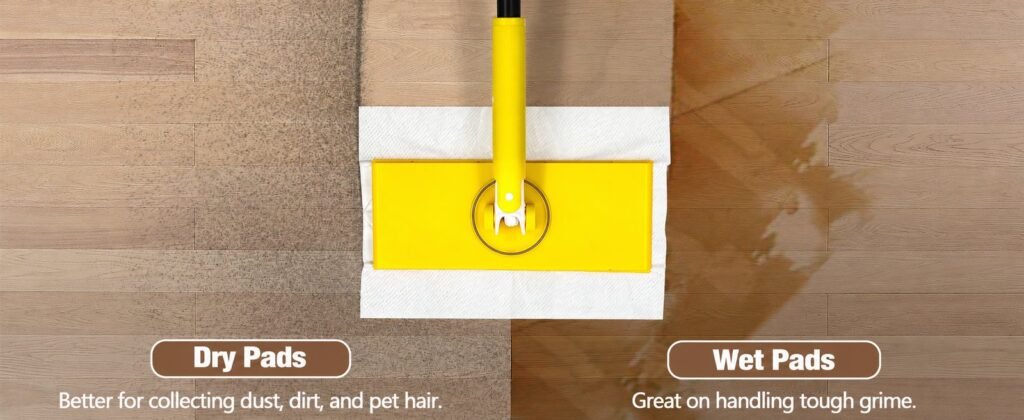 Yellow sweeper mop head with a white cloth on a dusty floor and a wet floor
