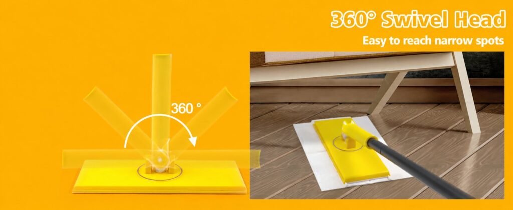 360° swivel joint of the yellow sweeper mop head and the head reaching under a chair