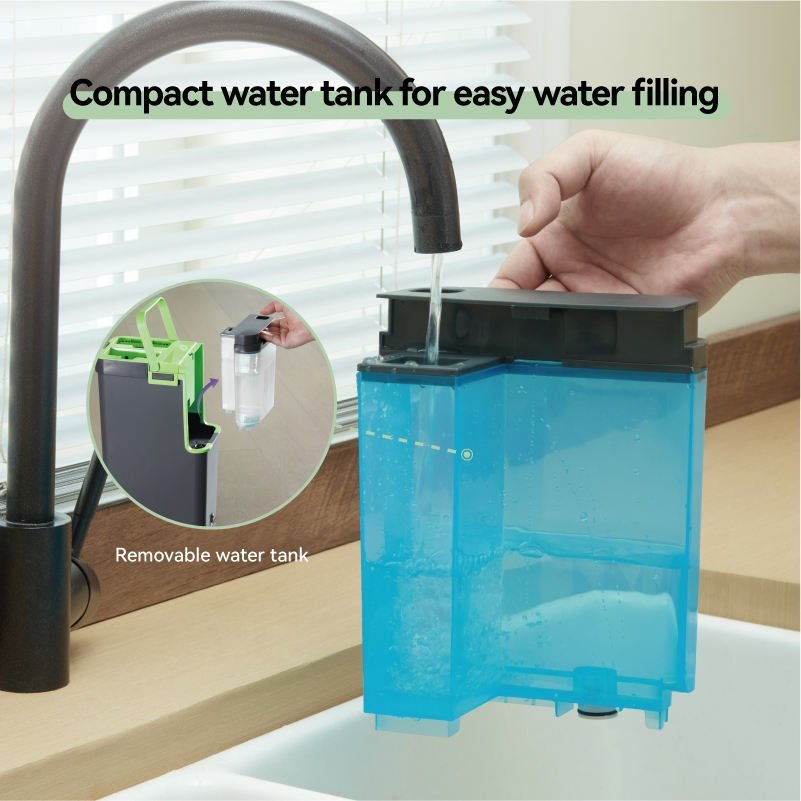 Removable clean-water tank of the flat mop bucket being filled under a kitchen tap
