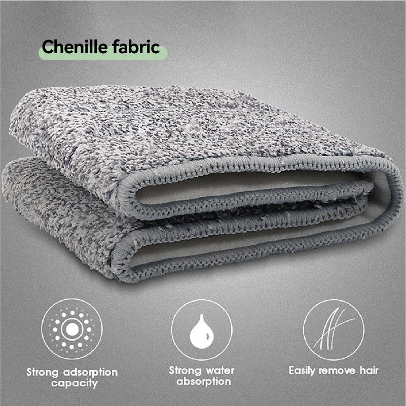 Folded grey chenille microfiber pad for the clip-on flat mop, with bound edges
