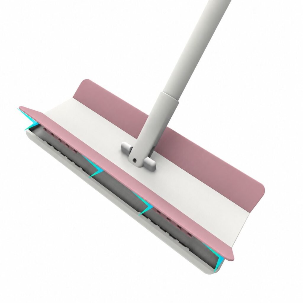 Close-up of the clip-on flat mop head with its hinged side flaps lifted to grip the pad